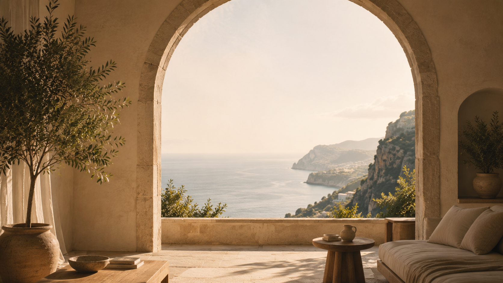 The view through a stone arch of an Italian villa over the sea at golden hour