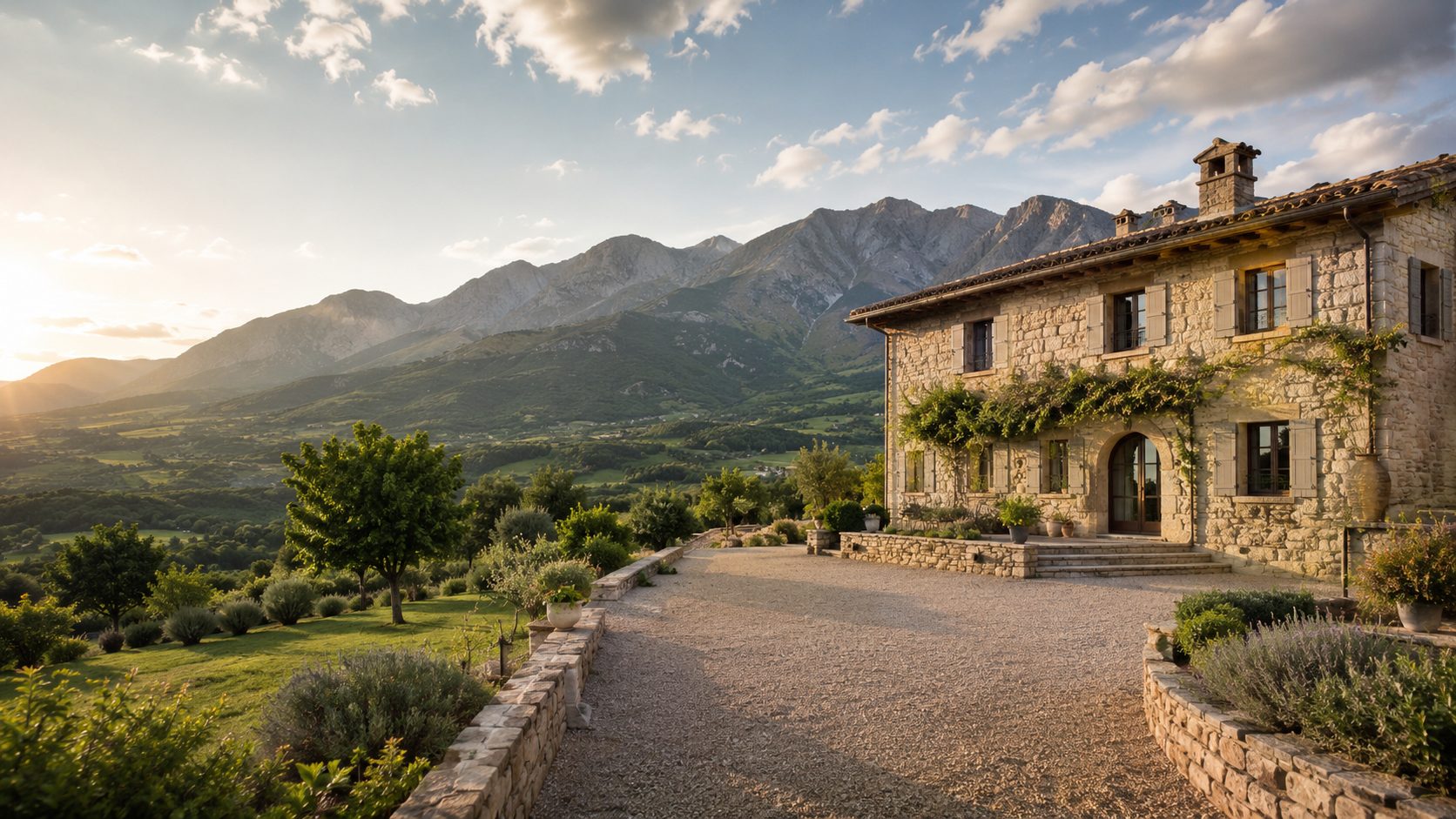 Stone house in Abruzzo beneath the Apennine mountains