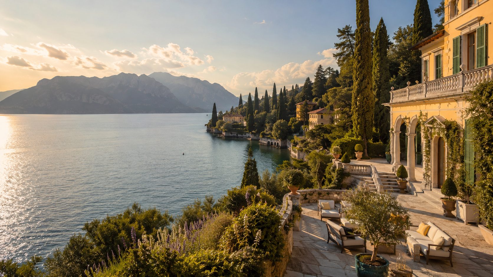 Villa on the shore of Lake Como with mountains behind