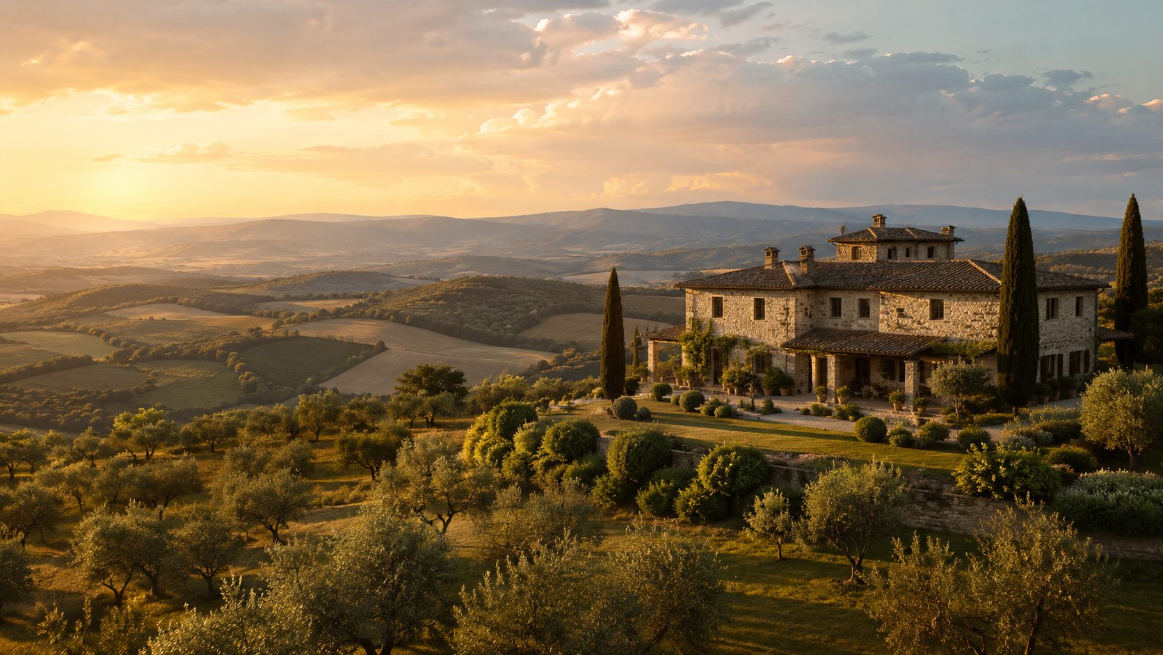 Stone farmhouse in Le Marche surrounded by olive groves