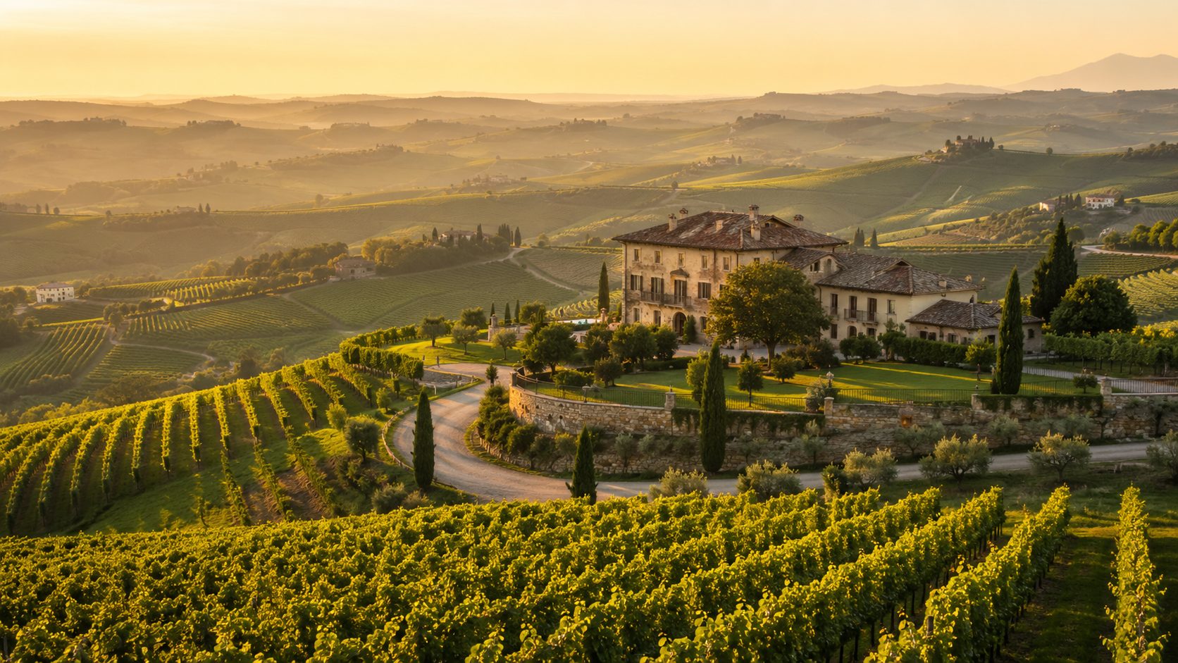 Tuscan villa among vineyards and rolling hills at sunset