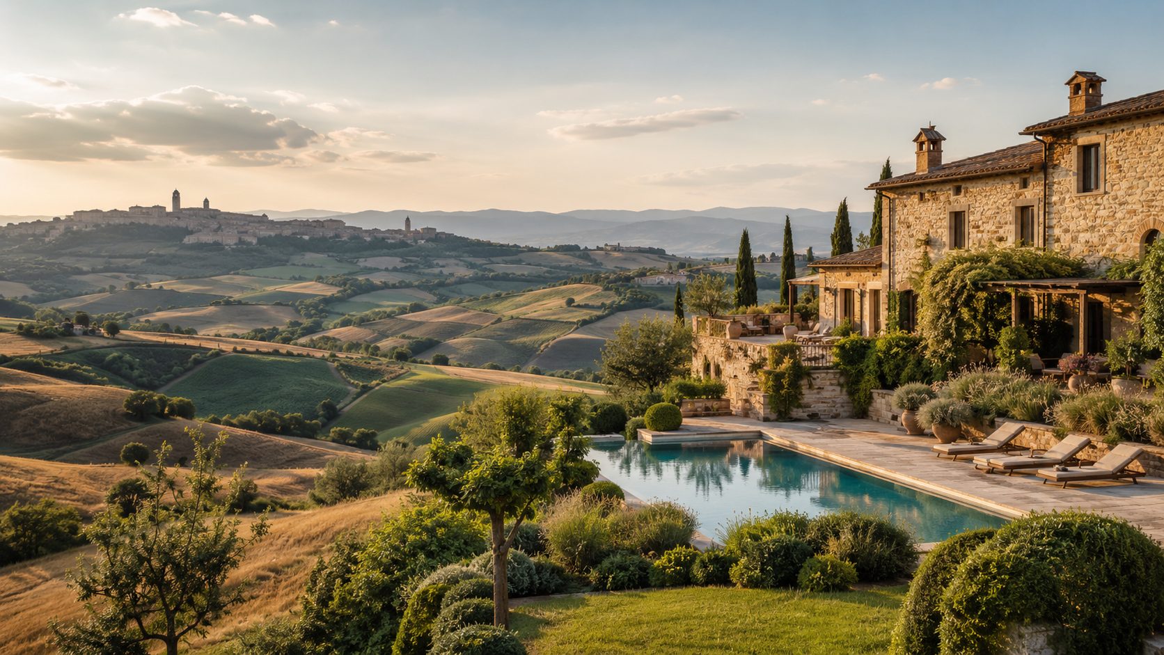 Umbrian villa with a pool and a hill town in the distance