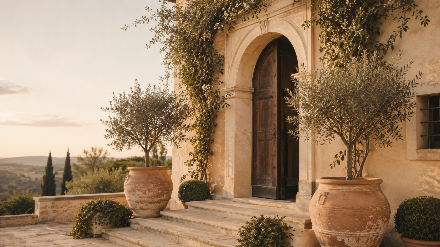 Stone steps leading to the arched doorway of a Tuscan villa at golden hour